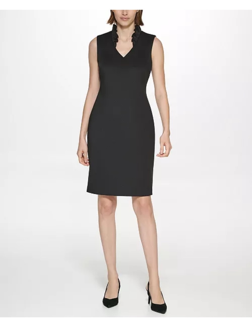 Calvin Klein Black Sleeveless Ruffle V-Neck Midi Dress Women’s Size 8